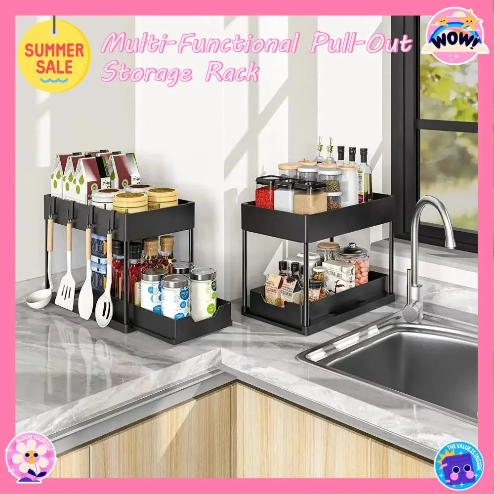 Hot-selling 2-Tier Kitchen Storage Rack Pull-Out Sliding Cabinet Basket Storage Shelf Bathroom & Kitchen Organizer