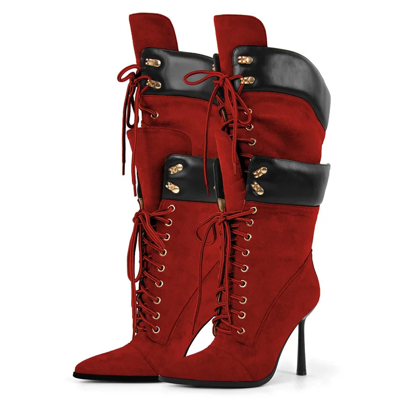 Onlymaker Women Pointed Toe Double Stiletto High Heel Lace Up Mid-Calf Boots