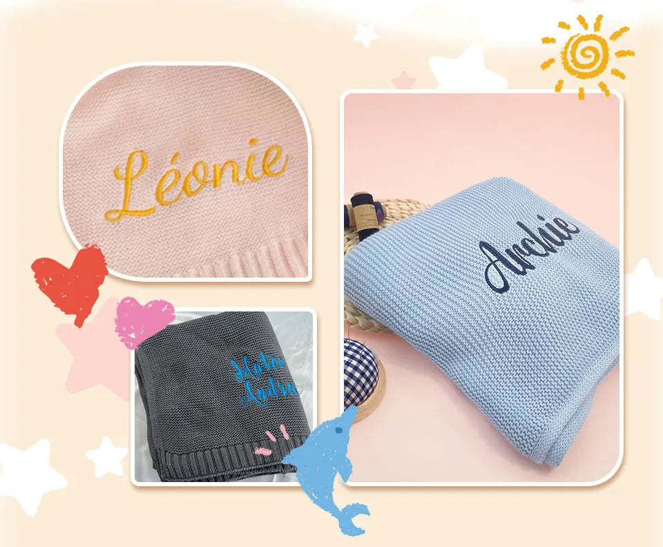 Personalized Embroidered Name Knitted Cotton Blanket Stroller Cover Kids Nap Blanket for Newborn Baby Shower Gift