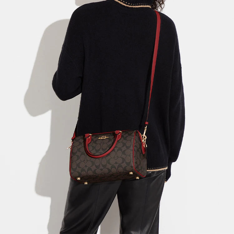 COACH Rowan Coated Canvas With Leather Handbag, Shoulder Bag, Crossbody Bag Medium Women's Brown & Red CH280-IMRVQ