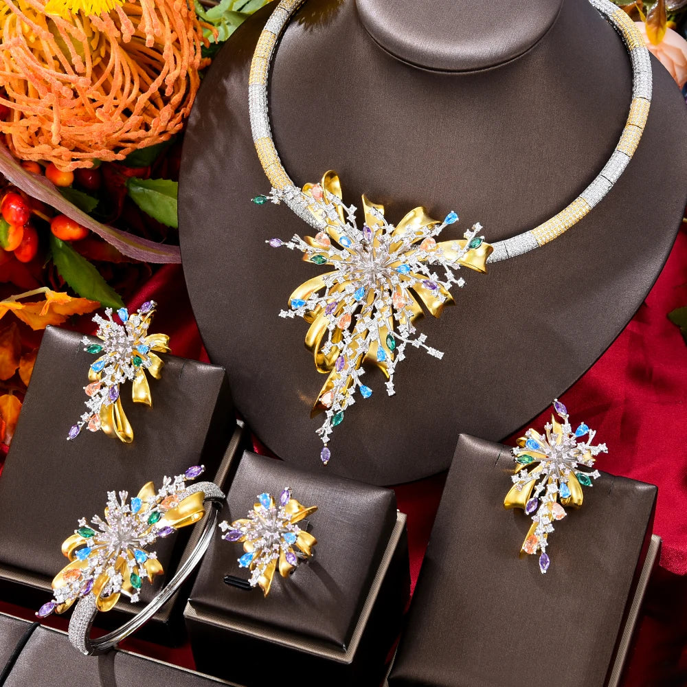 GODKI Famous Brand 4PCS Bicolor Flower African Jewelry Set For Women Wedding Party Zircon Crystal Dubai Bridal Jewelry Set Gift