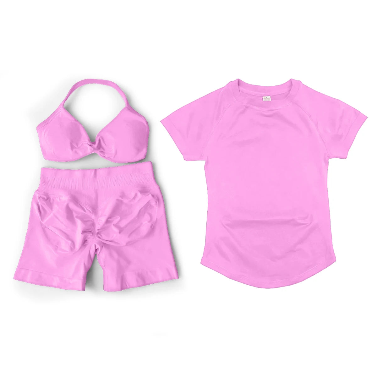 3 Pcs Short Sleeve Shirt Gym Set Round Neck Yoga Shirt & Seamless Shorts &Strappy Bra Fitness Cycling Gym Clothing