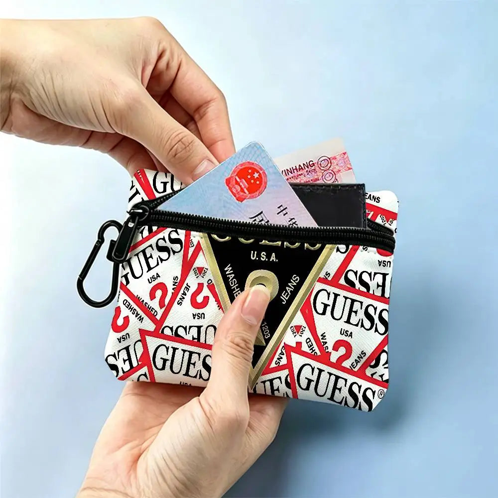 G-Guess-s logo White Oxford Cloth Zipper Coin Purse Lightweight Hanging Key Pouch Card Holder For Daily Use