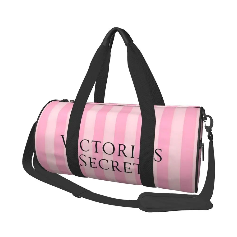 Pink White Stripe Round Capacity Travel Duffel Bag Male Female Large-Capacity Hand Luggage Sports Fitness Bag Travel Package