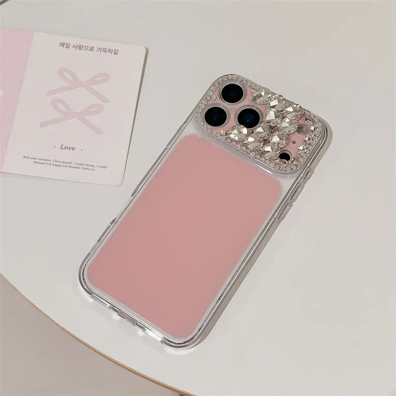 Luxury Sparkling Rhinestone Decoration Camera Frame Large Window Phone Case For iPhone 17 13 14 15 16 Pro Max Shockproof Cover