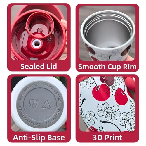 500ML 316 Stainless Steel Straw Cup Insulation or Cooling Strawberry Fruit Print Insulated Cup with Flower Pendant