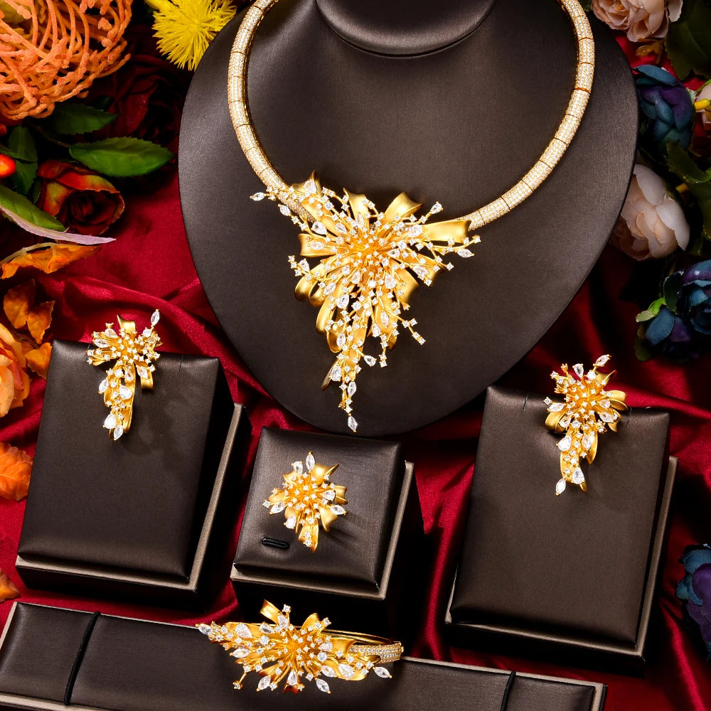 GODKI Famous Brand 4PCS Bicolor Flower African Jewelry Set For Women Wedding Party Zircon Crystal Dubai Bridal Jewelry Set Gift