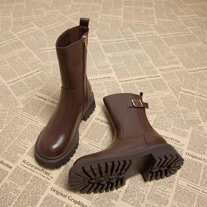 Women's Half High Boots Round Toe Chelsea Ladies Mid Calf Shoes Middle Heel Brown Footwear Spring Autumn Sale Gothic Demi-season