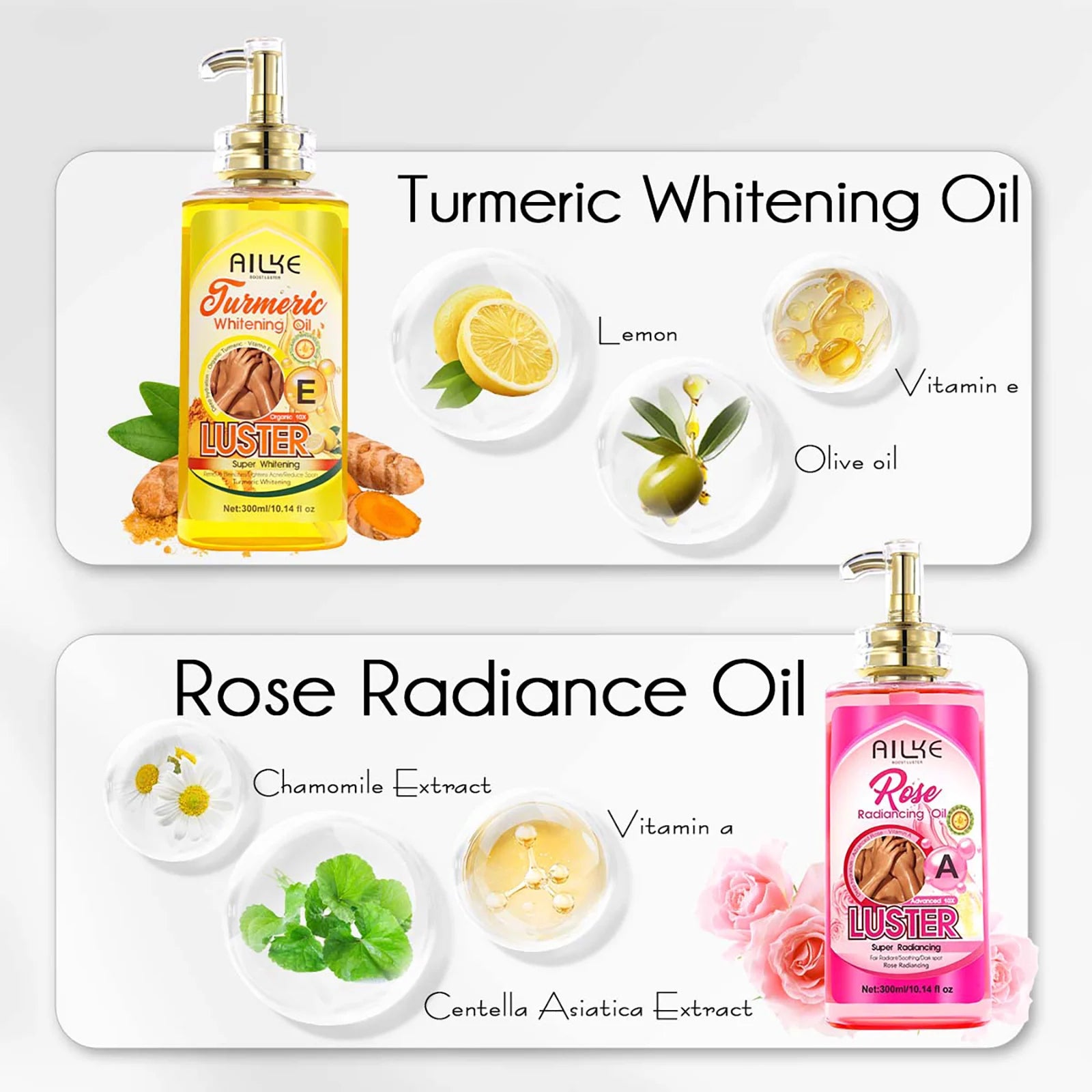 AILKE Lightening Body Massage Oil, Moisturizing, Anti Wrinkles, Dry Lines, Dark Spots Removal for All Skin Types, 300ml