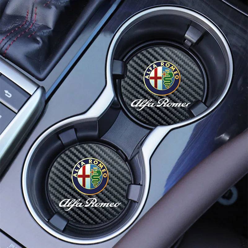 2Pcs For Alfa Romeo Giulia Stelvio 156 Tonale Brera Giulietta Disco Vola Car Carbon Leather Water Cup Pad Anti-noise Coaster Mat