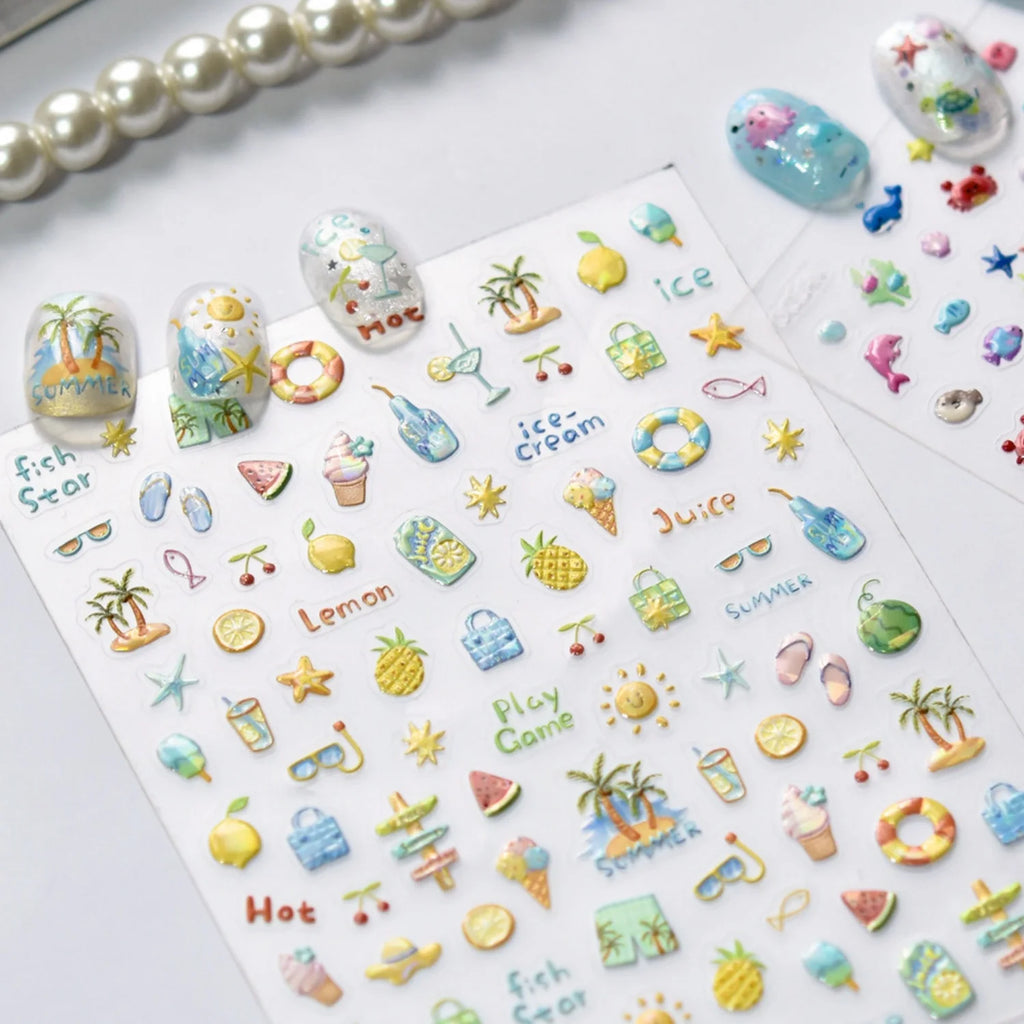 5D Fresh Summer Vacation Nail Sticker Coconut Tree Tropical Fruit Ice Cream Swim Ring Sunglasses Seaside Holiday Nail Art Decal