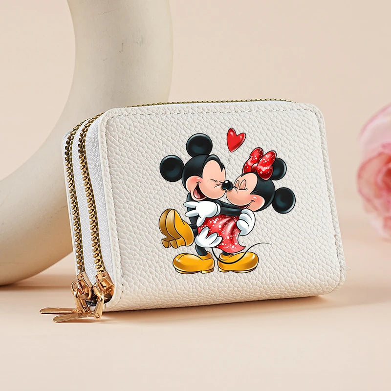 Mickey Minnie Women's Double Zipper Wallet Lychee Pattern Fashion Short Credit Card Holder with Large Capacity Coin Purse