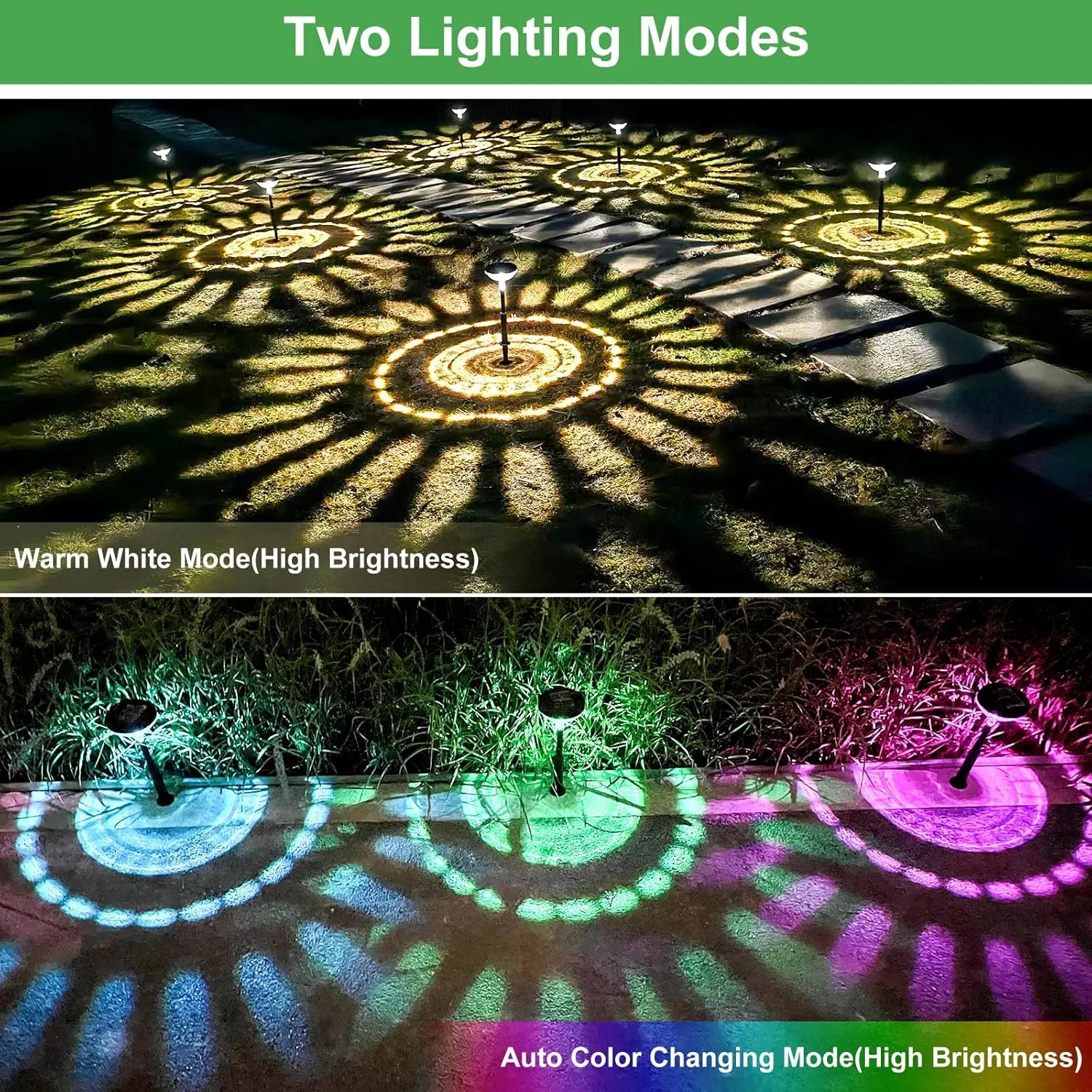2 Pack Solar Pathway Lights Multicolor & Warm White LED IP67 Waterproof Outdoor Garden Yard Lawn Landscape Decorative
