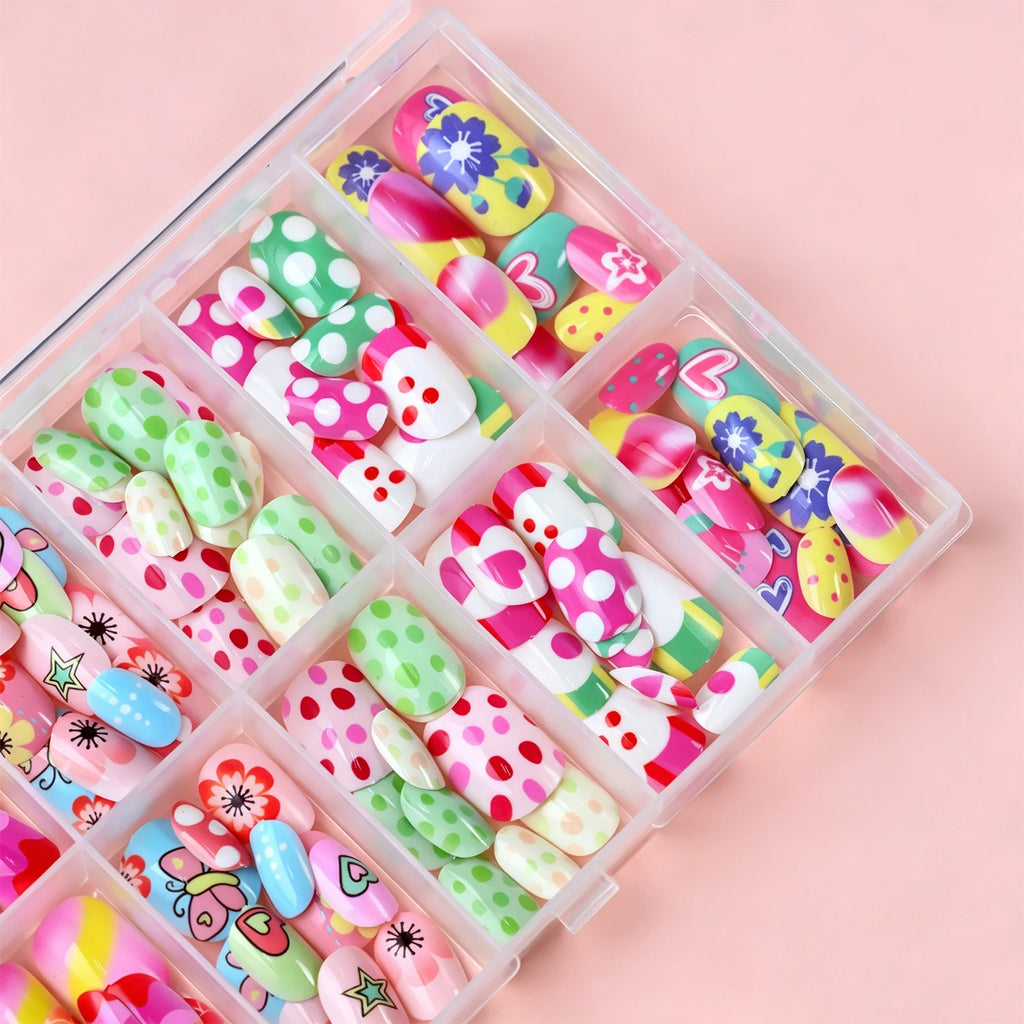 120pcs Square Round Flower Polka Dots Child False Nails Candy Color Mermaid Fish Scales Kids Press On Nails Pink Wearable Nails