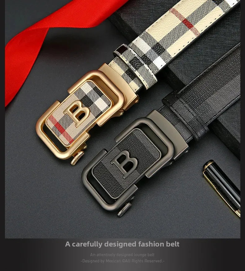 Trendy Plaid B Letter Automatic Buckle Belt for Men Premium Quality Fashionable Business Style Versatile Home Use