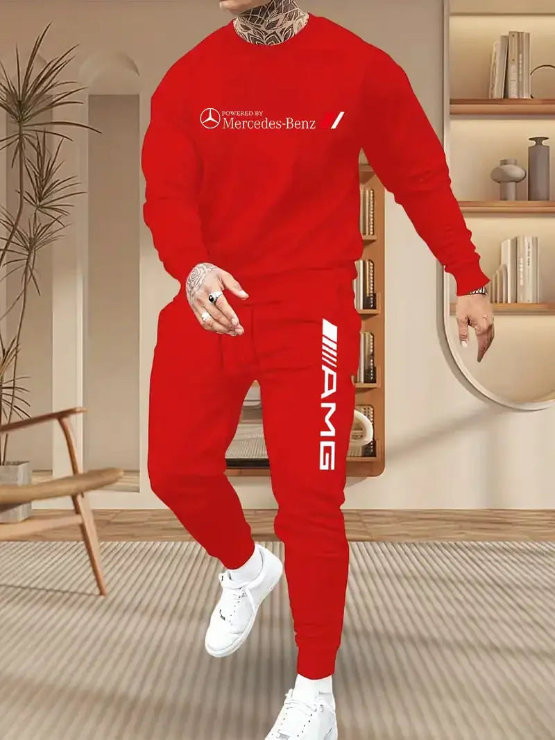 Mercedes-Benz Autumn Winter Set Men's Casual Versatile Printed Sweatshirt and Sweatpants Autumn Winter Cool Handsome Men's Long