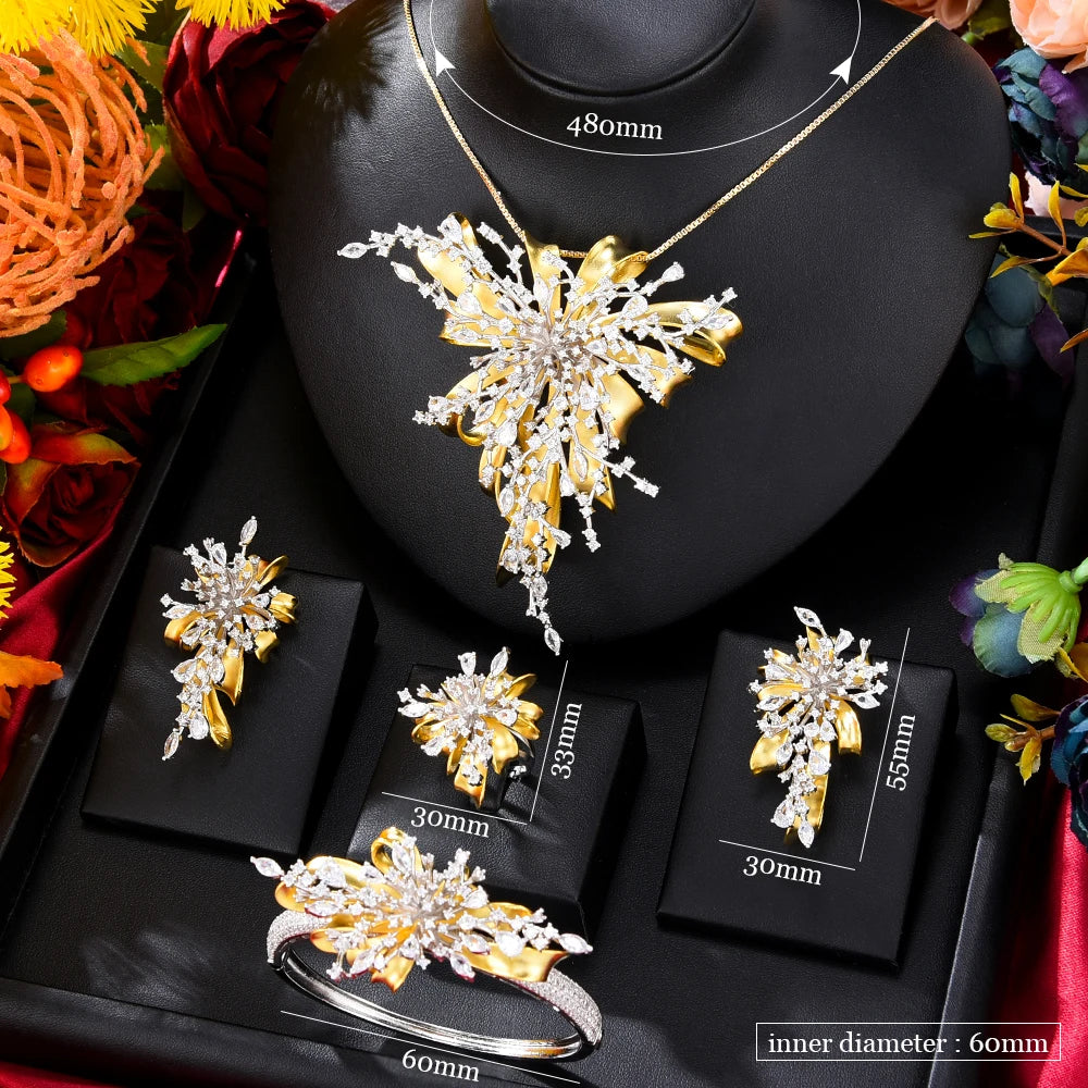 GODKI Famous Brand 4PCS Bicolor Flower African Jewelry Set For Women Wedding Party Zircon Crystal Dubai Bridal Jewelry Set Gift