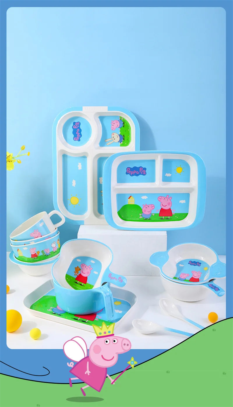 For Peppa Pig Tableware Cartoon Salad Bowl Anti-Fall Dining Plate Cup Spoon Baby Eating Double-ear Bowl Food-grade Divided Plate