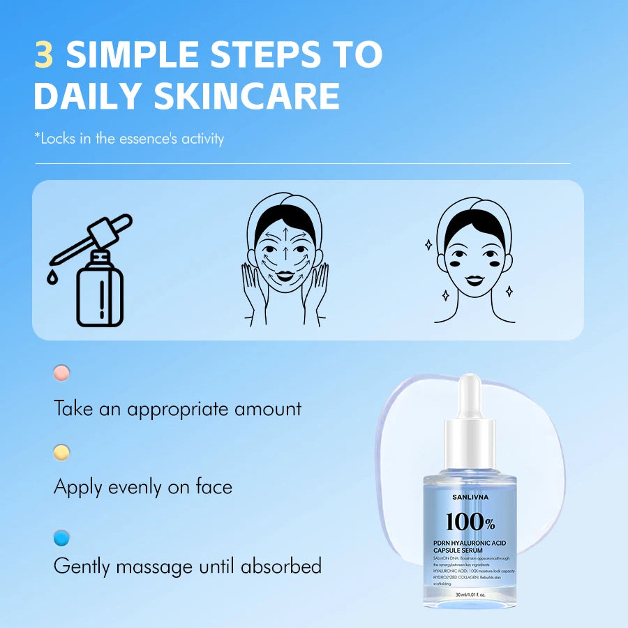 PDRN Hyaluronic Acid 100 Capsules Serum, Revitalizing Face Serum, Hyaluronic Acid, Moisturizing, Nourishing and Plumping Effect