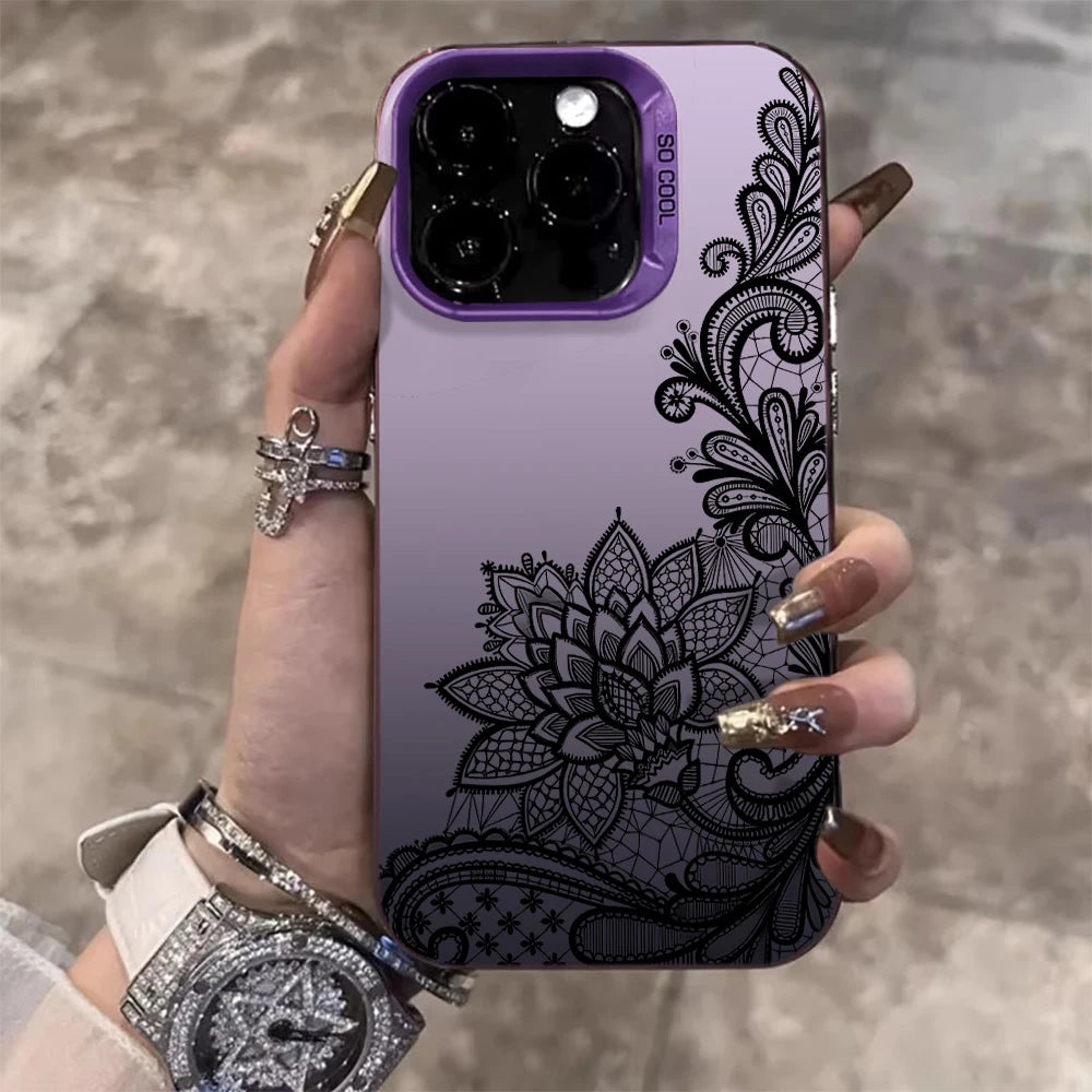 Lace Flowers Fashion Case For iPhone 16 17 15 Pro Max Cases iPhone 17 11 12 13 ProMax 14 15 16 Plus 8 XS XR Shockproof IMD Cover
