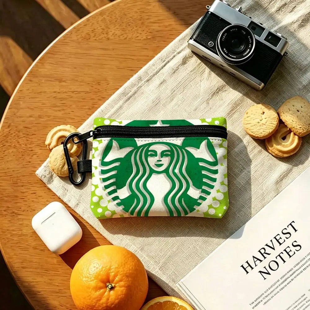 Cool S-Starbucks LOGO Mini Hanging Oxford Cloth Coin Bag Durable Zipper Key Card Pouch With Carabiner