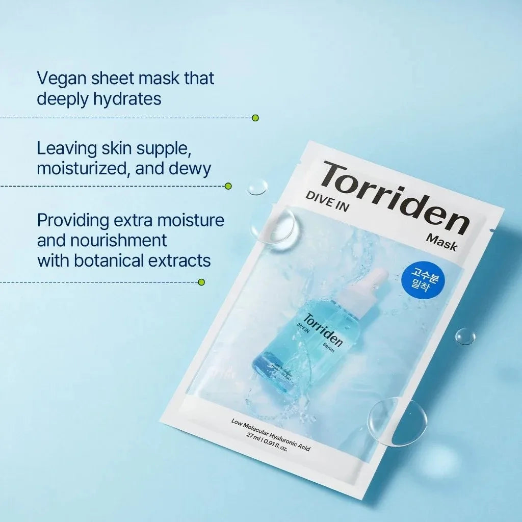 Torriden DIVE-IN Masques pour le visage à l'acide hyaluronique 10 pièces, fins et adaptés à la peau, hydratation profonde, trait