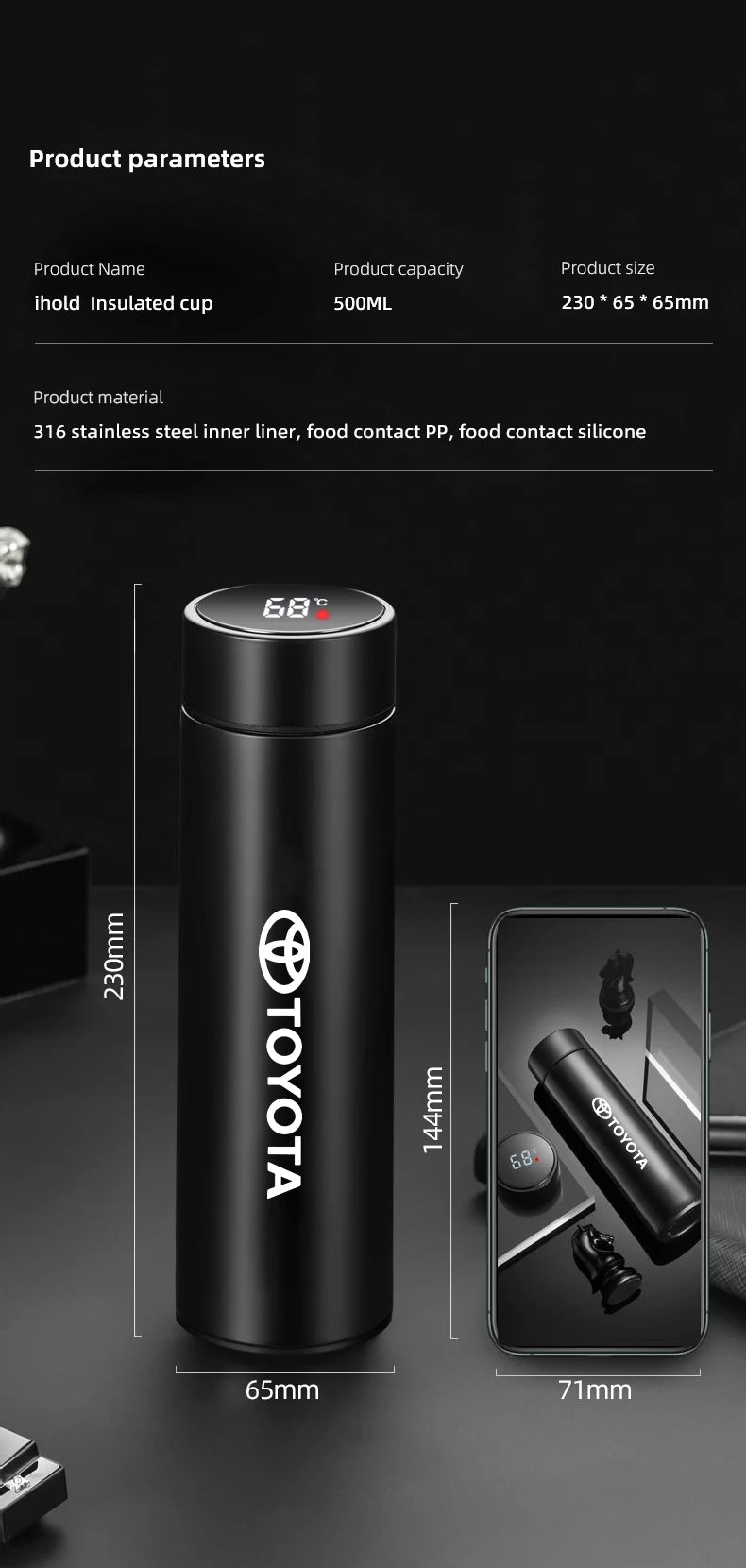 Car Insulated Cup 500ml Water Cup Coffee Tea Thermos For Toyota Crown Gazoo Racing Alphard TRD Corolla Yaris Chr Auris Camry