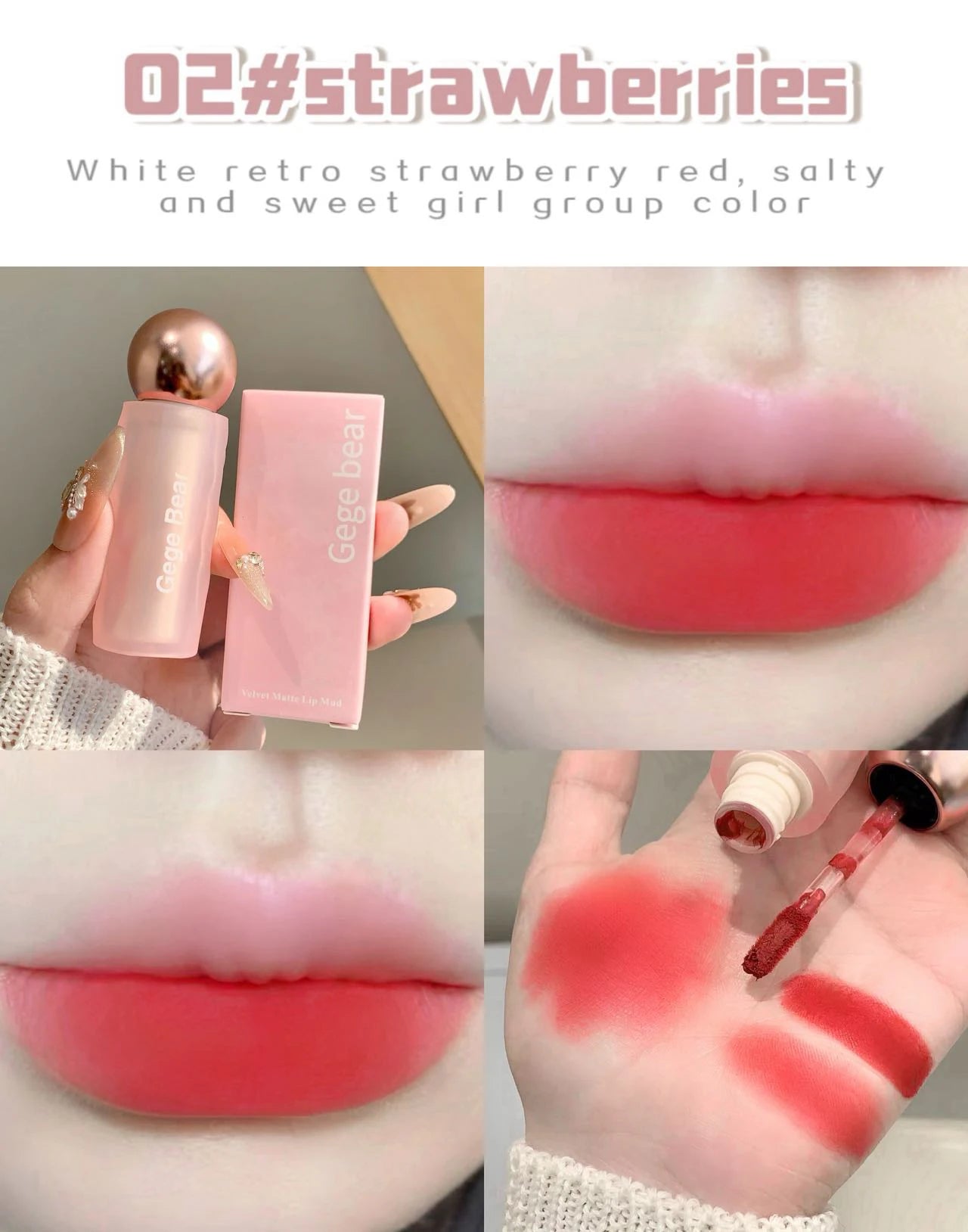 Gege Bear Velvet Matte Lip Mud, Soft, High Pigment for Long-lasting Wear, and Brightening Velvet Matte Finish Lip Color