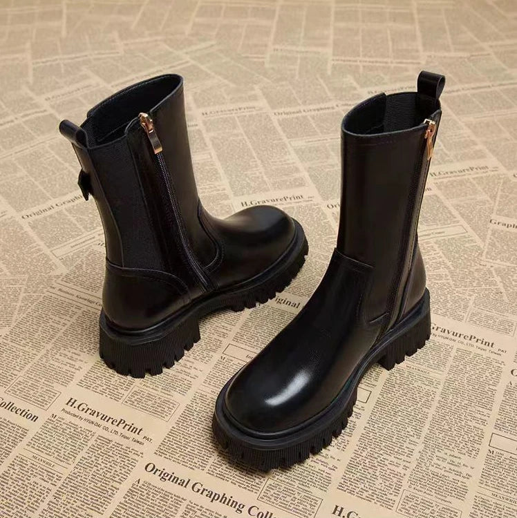 Women's Half High Boots Round Toe Chelsea Ladies Mid Calf Shoes Middle Heel Brown Footwear Spring Autumn Sale Gothic Demi-season