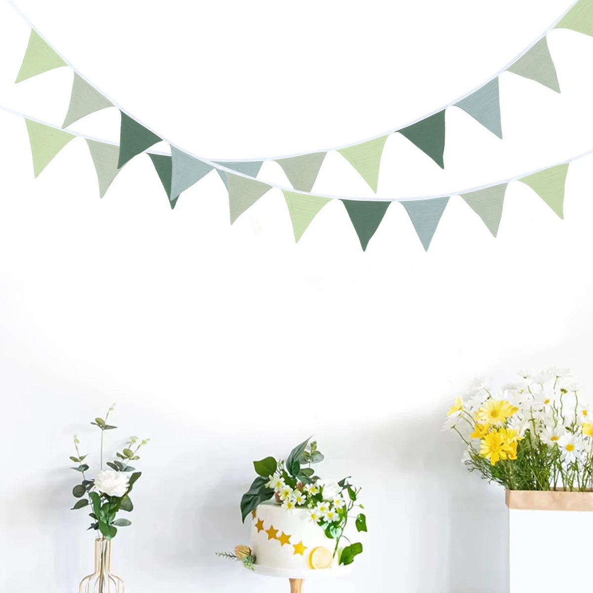 1 Set Sage Green Triangle Flags Bunting Boho-Chic Hanging Flag for Greenery Shower Classroom Wedding Birthday Party Decorations