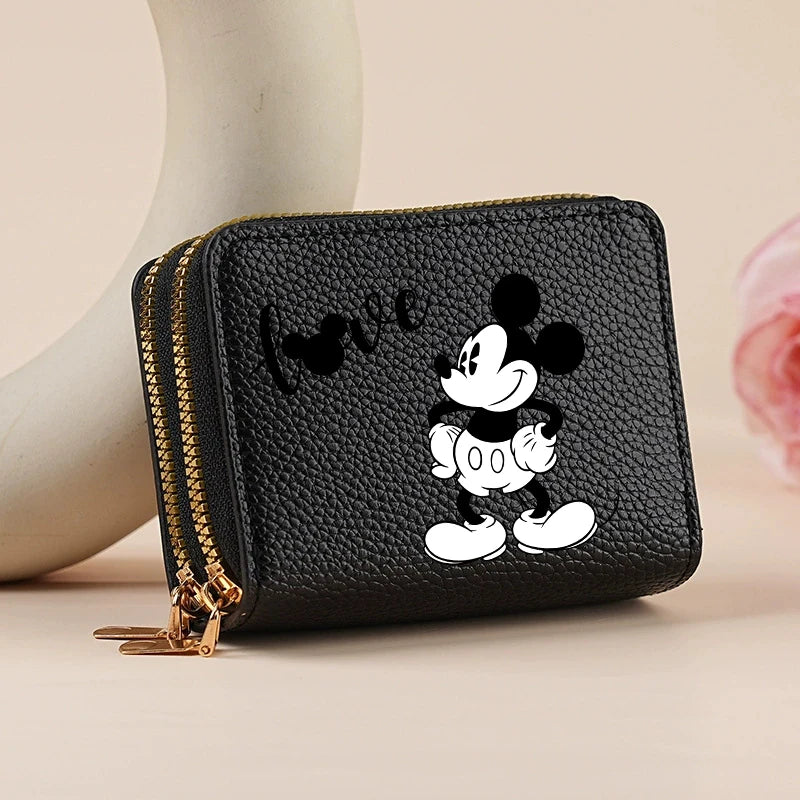 Mickey Minnie Women's Double Zipper Wallet Lychee Pattern Fashion Short Credit Card Holder with Large Capacity Coin Purse