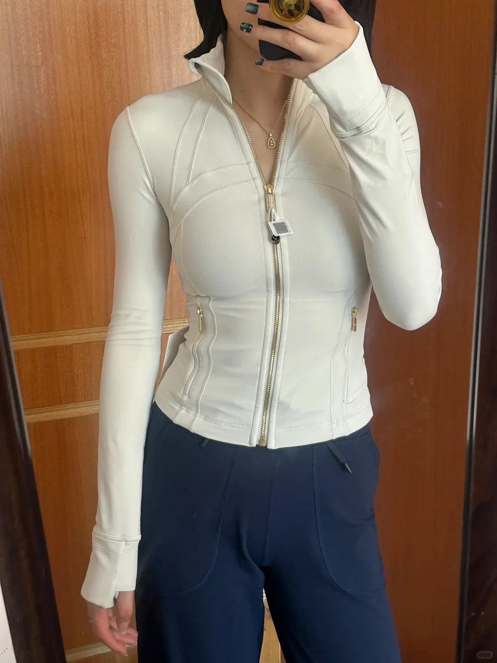 LULU FLORA Short silver zipper stand up collar jacket for waist slimming yoga women's outerwear, sun protection, quick drying,