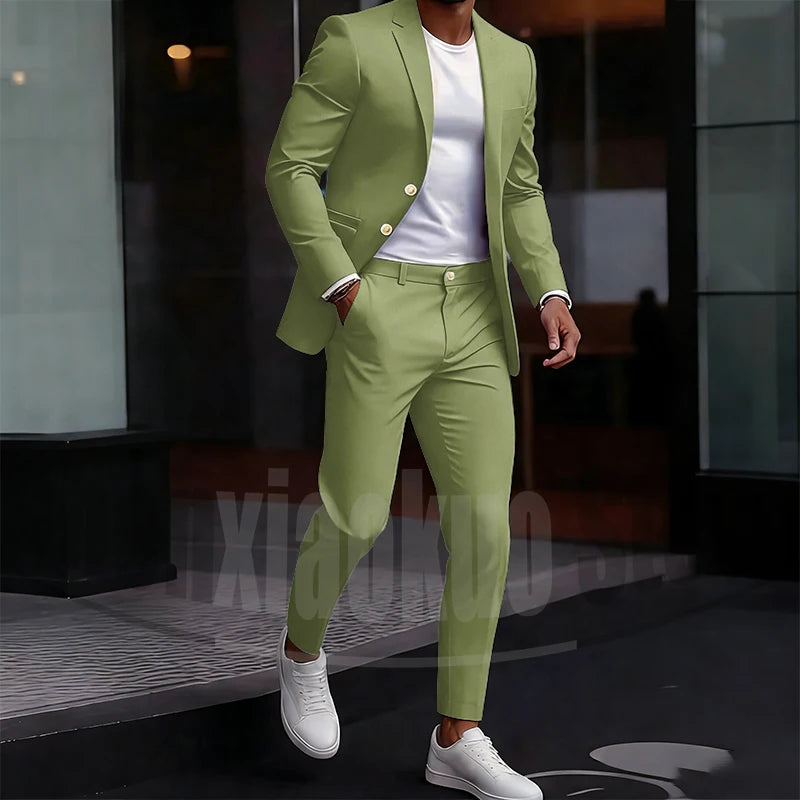 Men's Light Green Suit Set Single Breasted Casual Stylish Wear for Daily Party Fashion Solid Color Formal Male Suit 2 Piece