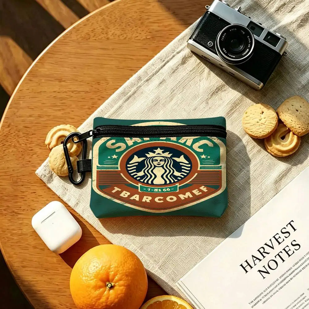 Cool S-Starbucks LOGO Mini Hanging Oxford Cloth Coin Bag Durable Zipper Key Card Pouch With Carabiner