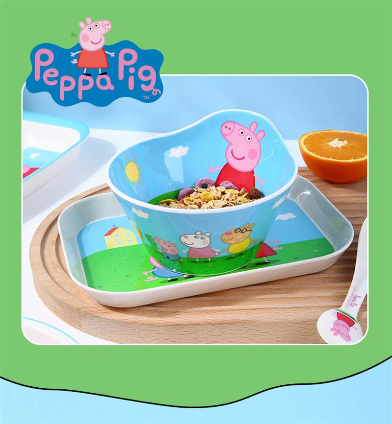 For Peppa Pig Tableware Cartoon Salad Bowl Anti-Fall Dining Plate Cup Spoon Baby Eating Double-ear Bowl Food-grade Divided Plate