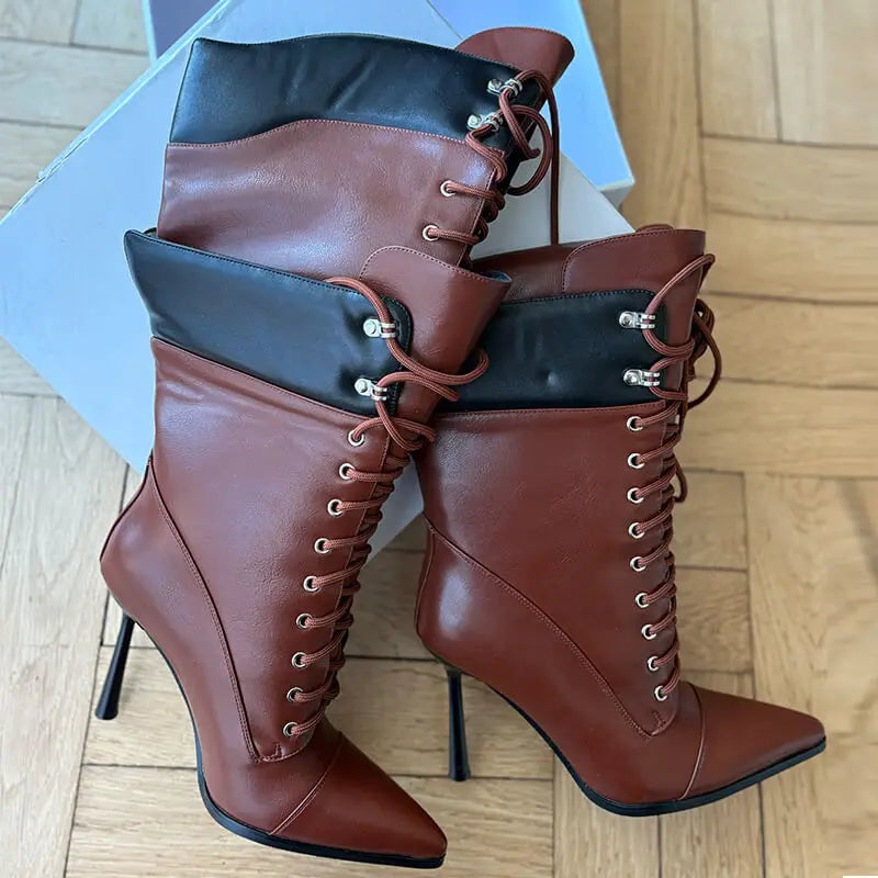 Onlymaker Women Pointed Toe Double Stiletto High Heel Lace Up Mid-Calf Boots