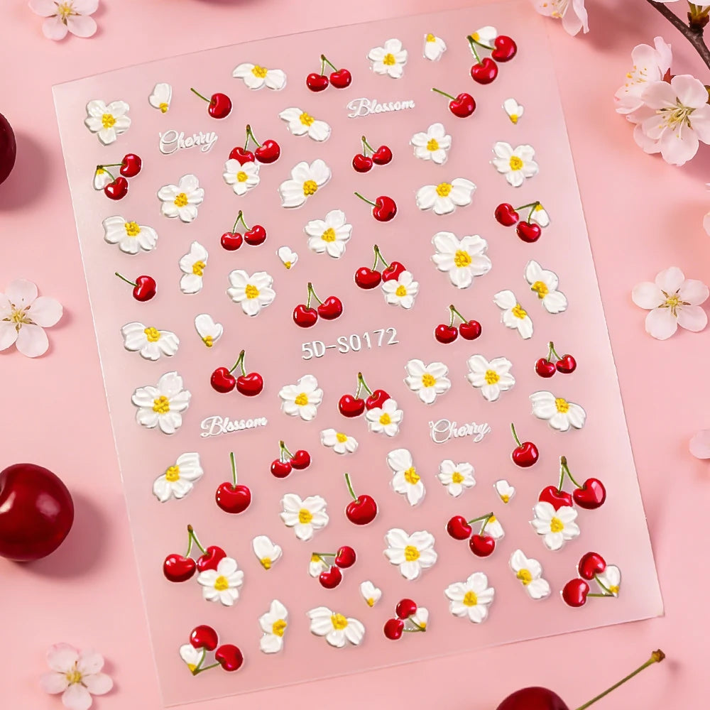 2pcs 5D Elegant Cherry Fruit Nail Stickers Kawaii Spring White Flowers Self-Adhesive Nail Decals DIY Wedding Season Nail Decor