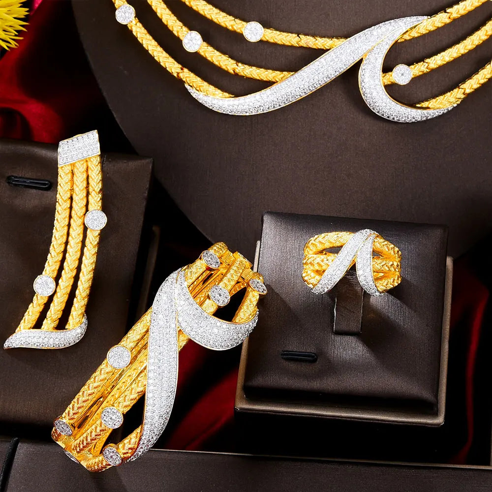 GODKI Leaf Charms 4Pcs Luxury Nigerian Jewelry Set For Women Wedding Cubic Zircon Dubai Bridal Necklace Earring Bangle Ring Set
