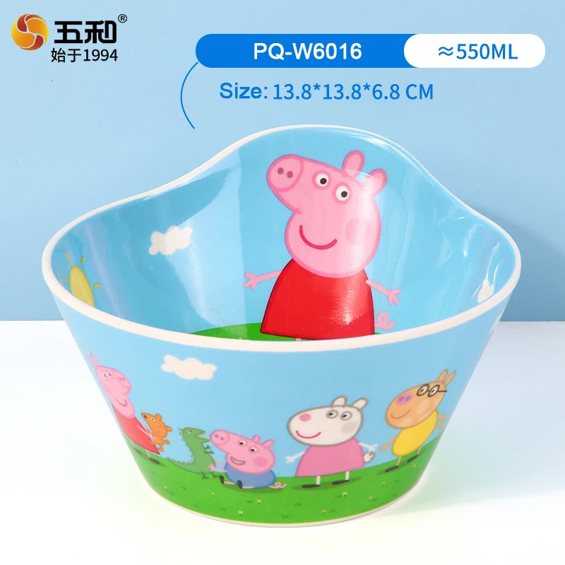 For Peppa Pig Tableware Cartoon Salad Bowl Anti-Fall Dining Plate Cup Spoon Baby Eating Double-ear Bowl Food-grade Divided Plate