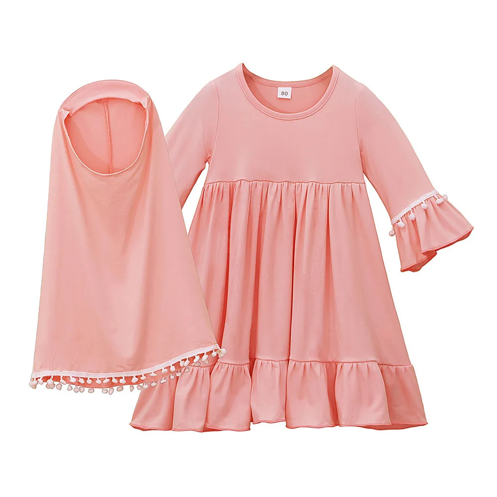 2PCS Muslim Dress Girls Kids Prayer Clothes Islamic Hijab Abaya Khimar Abayas Islamic Prayer Dresses Niqab Kaftan Scarf Robe