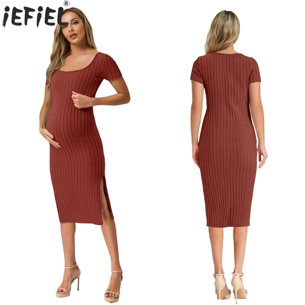 Elegant Maternity Knitted Dress Solid Color Short Sleeve Split Dresses Pregnancy Women Clothes Wedding Party Casual Daily Wear