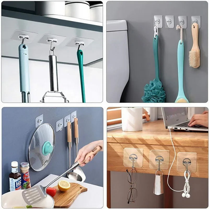 50pcs Transparent Stainless Steel Self-Adhesive Hooks Bathroom Towel Clothes Storage Sticker Hook Key Hangers Storage Holder