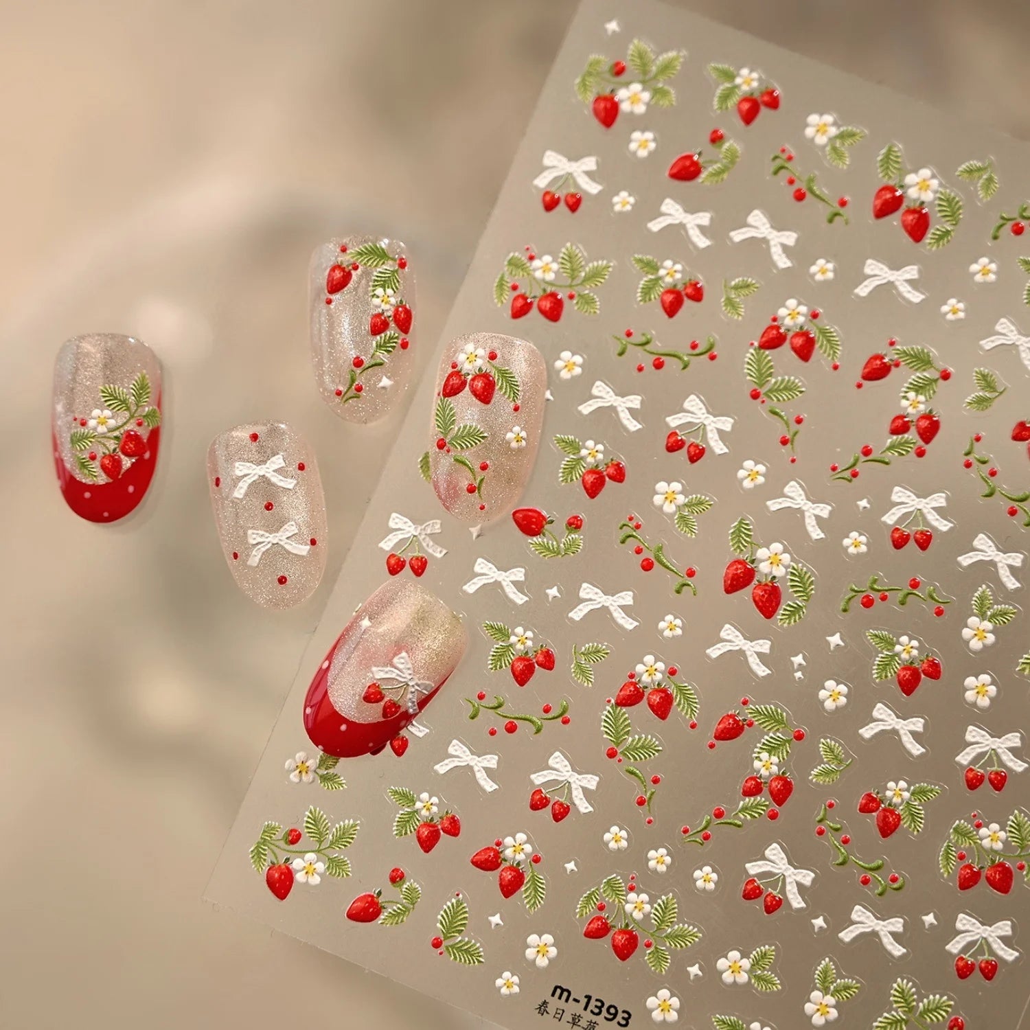 Spring Strawberry Vine 5D Nail Art Stickers Garden Fresh Red Strawberry Green Leaves Flower Cherry Branch Bow Nail Decals DIY