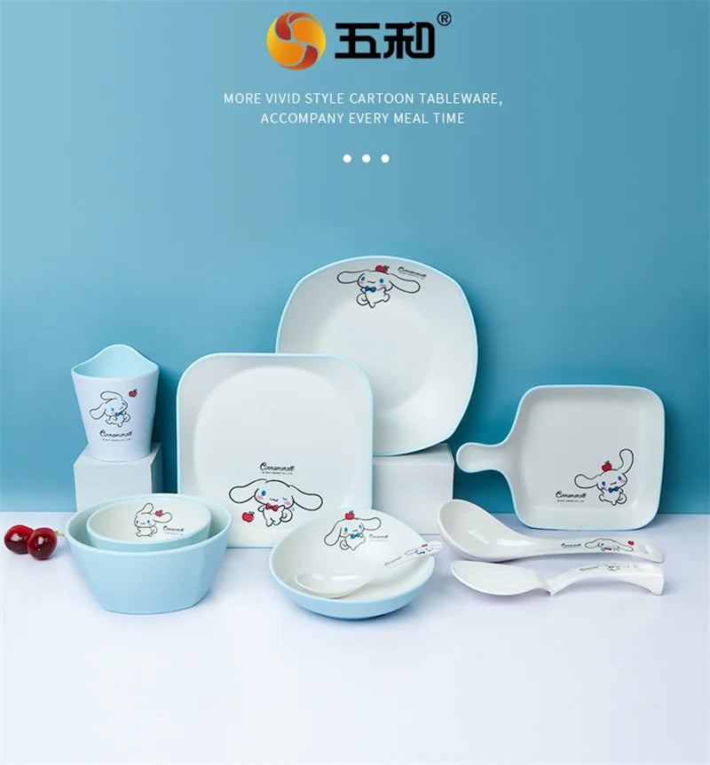 For Sanrio Cinnmoroll Children Tableware Cartoon Soup Spoons Anti-Fall Dining Plates Salad Bowls Water Cups Food-grade Tableware