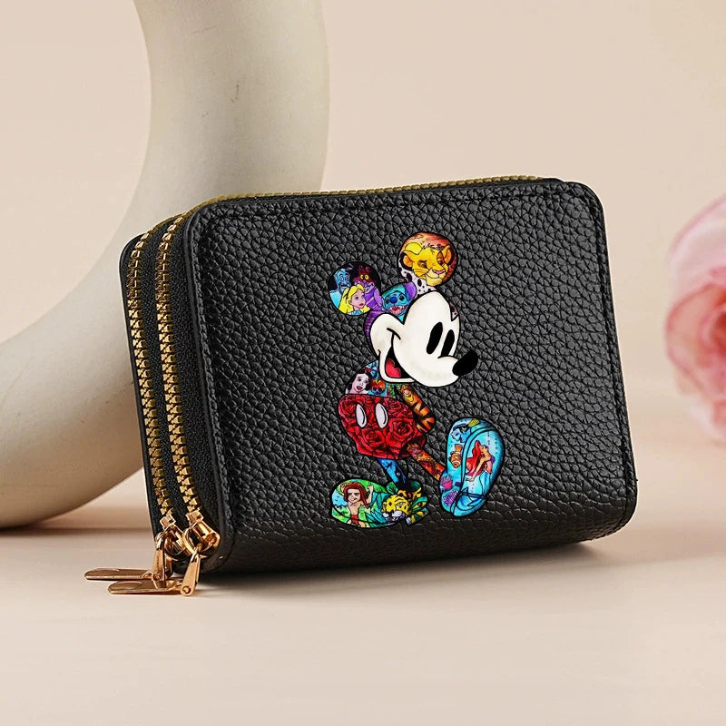 Mickey Minnie Women's Double Zipper Wallet Lychee Pattern Fashion Short Credit Card Holder with Large Capacity Coin Purse