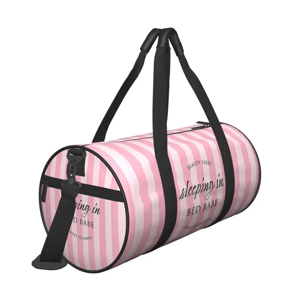 Pink White Stripe Round Capacity Travel Duffel Bag Male Female Large-Capacity Hand Luggage Sports Fitness Bag Travel Package