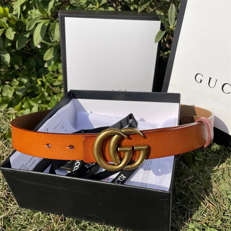 Pure Cowhide Leather Ladies Belt Antique Letter G Casual Retro Style Fashionable All-Match Width 2-4cm Alloy Buckle Fastener