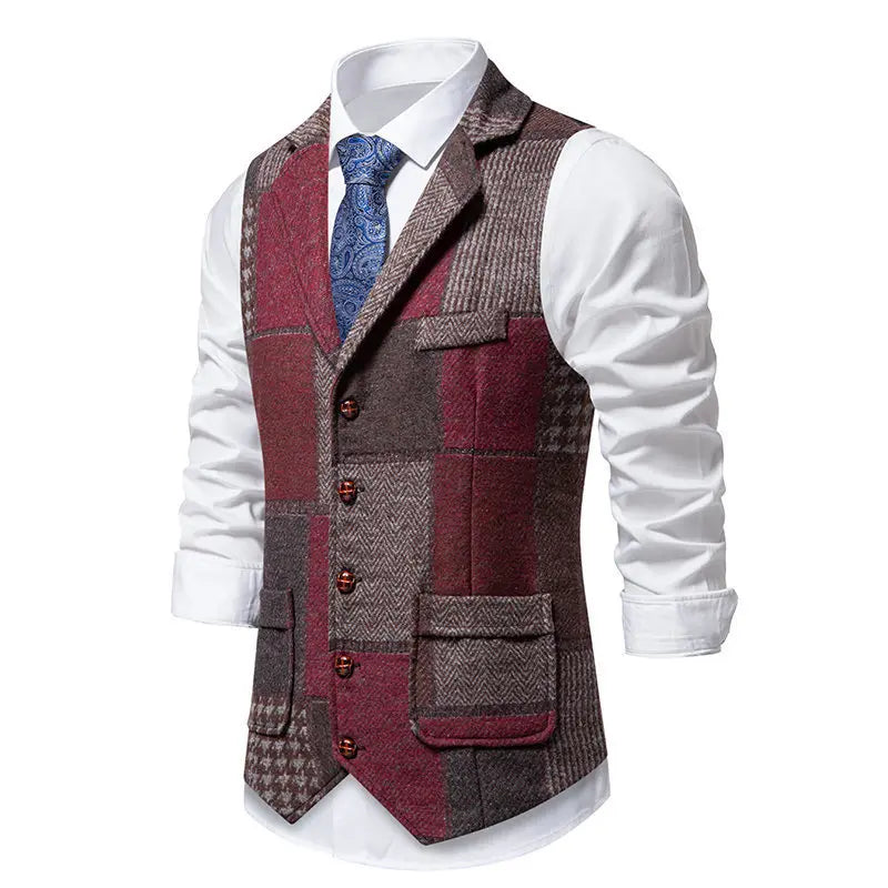 Men's Fashionable Retro Patchwork Collarless Plaid Vest Autumn Winter European Size Slim Fit Single Button Casual Youth Trend