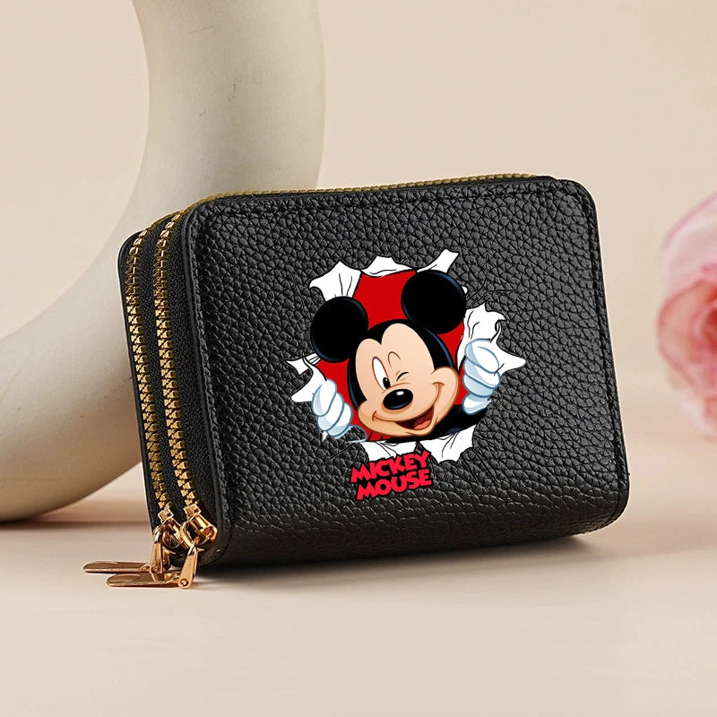 Mickey Minnie Women's Double Zipper Wallet Lychee Pattern Fashion Short Credit Card Holder with Large Capacity Coin Purse