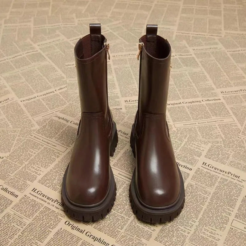 Women's Half High Boots Round Toe Chelsea Ladies Mid Calf Shoes Middle Heel Brown Footwear Spring Autumn Sale Gothic Demi-season